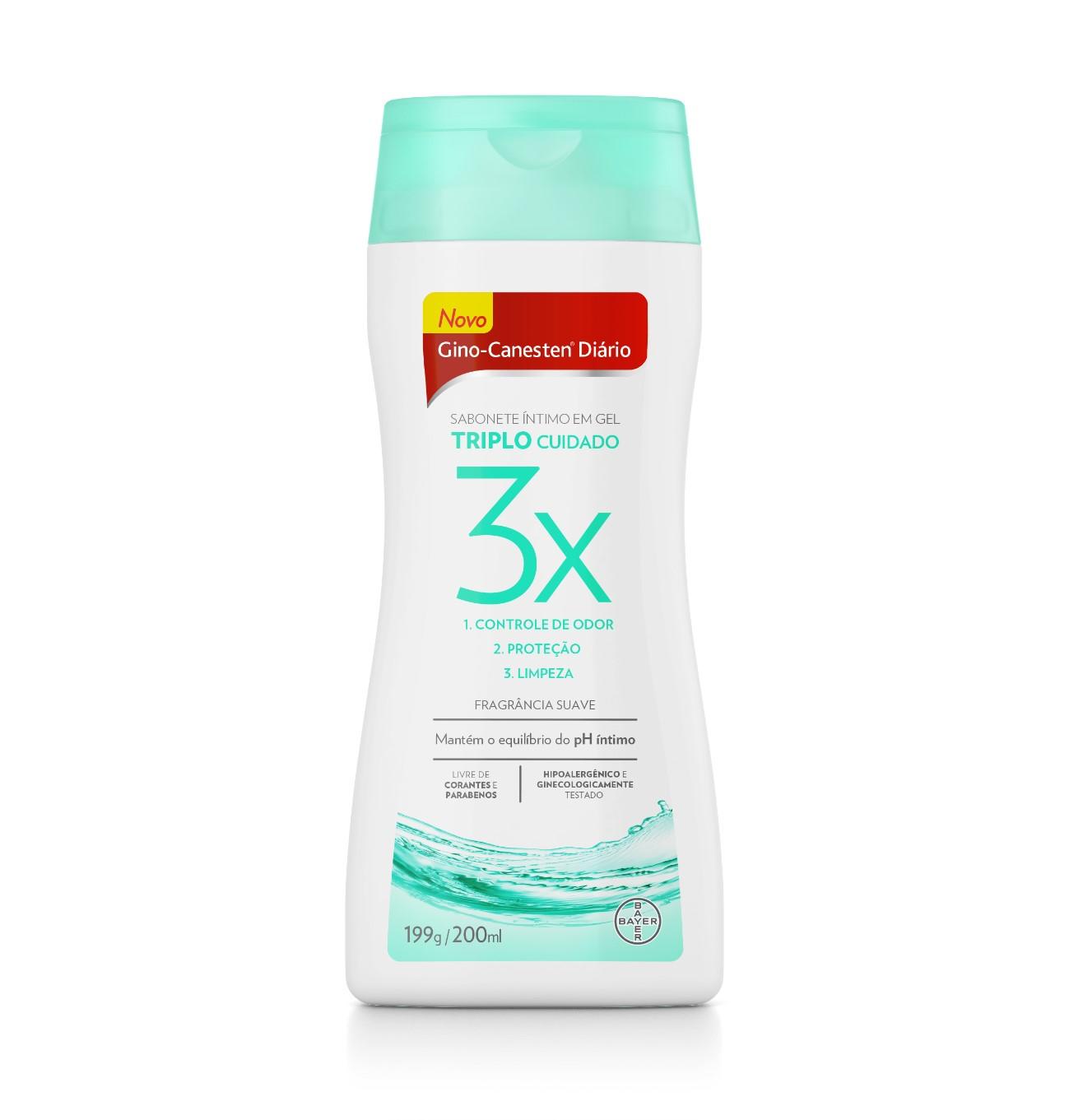 Imagem do produto Gino-canesten triplo cuidado; ele é branco com detalhes verdes - Qual é o melhor sabonete íntimo e como usar